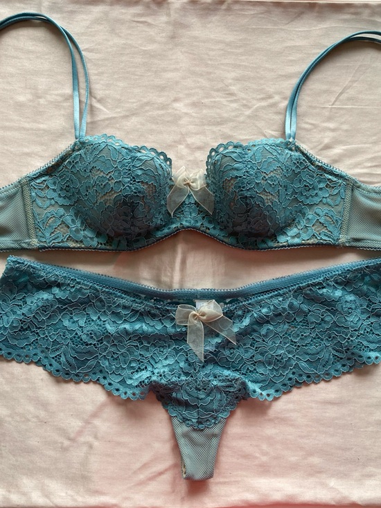 B. Tempt’D Other - Ciao Bella Set Balconette Bra in Smoke Blue 32B, matching Tanga Panty S